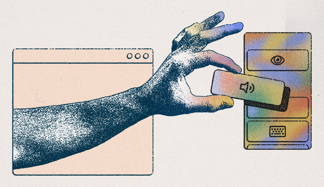 Abstract illustration of a hand coming out of a computer screen placing a tile with audio symbol on it