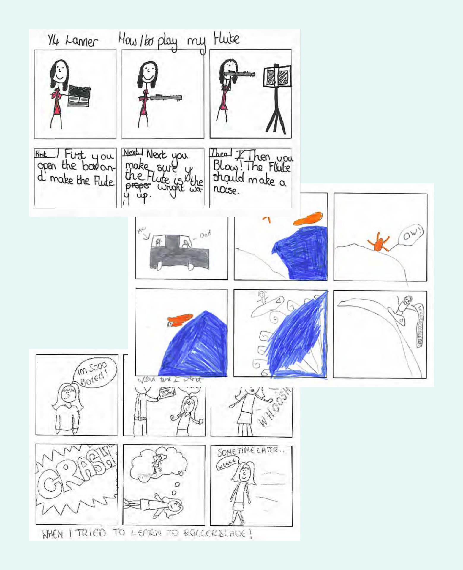 Three examples of comic style step-by-step illustration of a learning experience, hand drawn by young children.