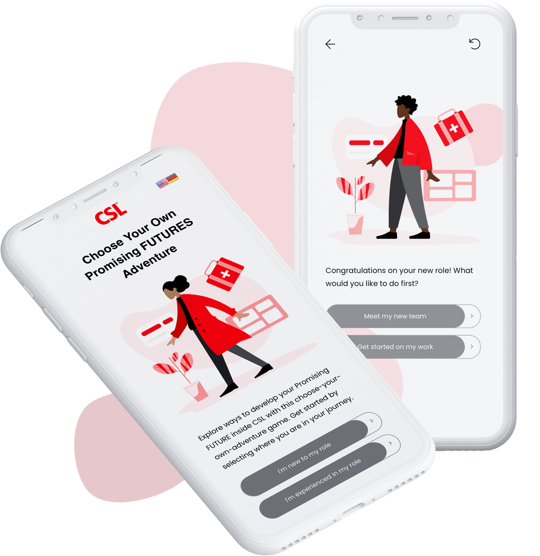 Two smartphones displaying the CSL course "Choose Your Own Promising FUTURES Adventure"